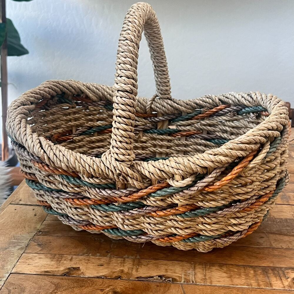 Vintage Woven Rope Wicker Basket 14.5" Tall